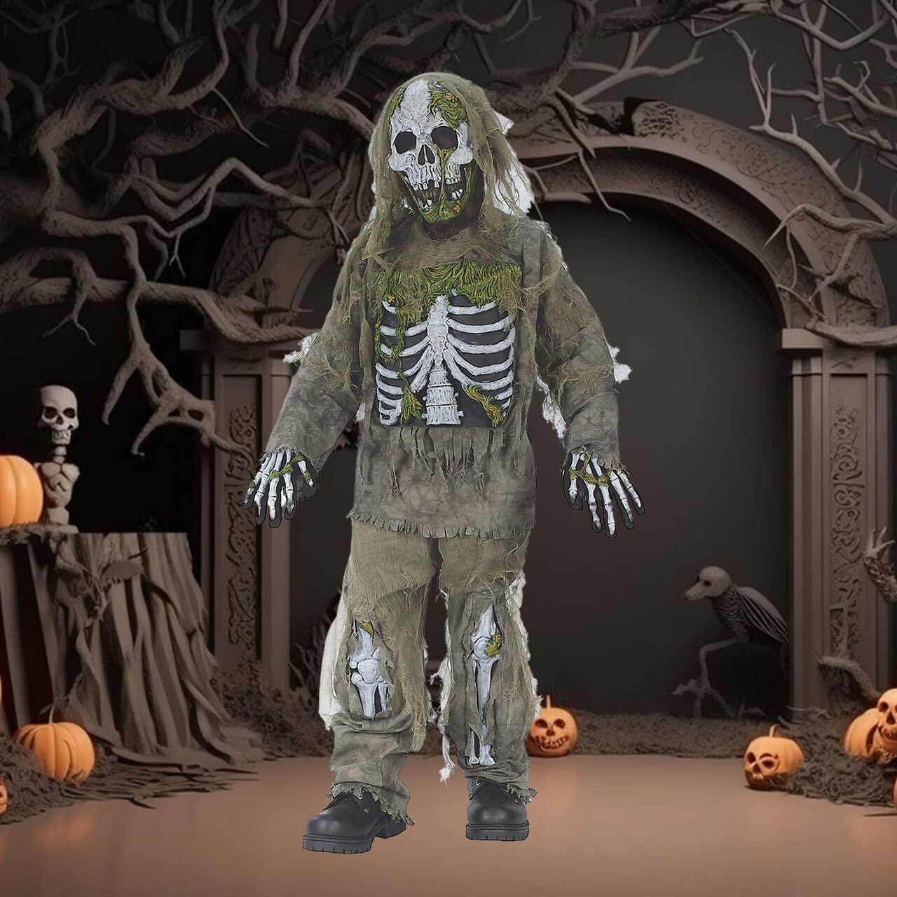 Boy's Skeleton Zombie Costume Halloween Scary Undead Tattered Bones Outfit with Mask and Gloves